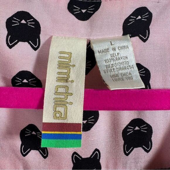 Mimi Chica Womens Cat Print Button Down Pink Black V Neck Belted Mini Dress - Picture 11 of 16